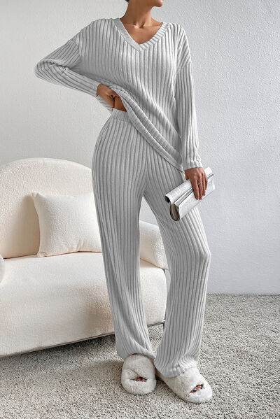 Ribbed V-Neck Top and Pants Lounge Set for a perfect OOTD – dress to impress outfits from Amexza