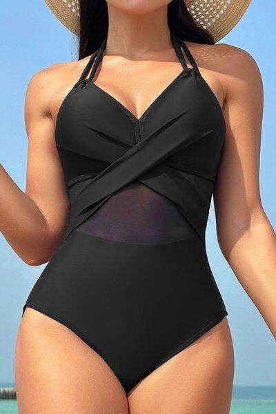 Crisscross Halter Neck One-Piece Swimwear Black for a perfect OOTD – dress to impress outfits from Amexza