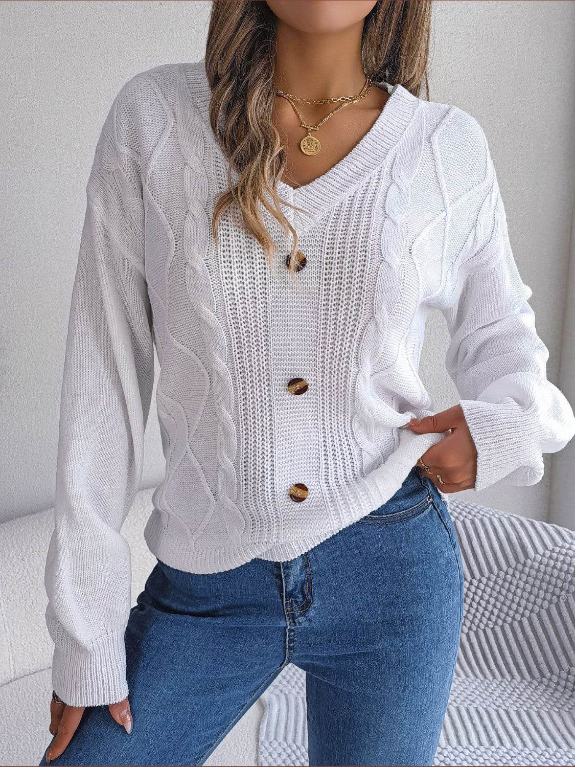 Cable-Knit Buttoned V-Neck Sweater White for a perfect OOTD – dress to impress outfits from Amexza
