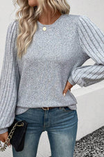 Ribbed Round Neck Long Sleeve Knit Top - Amexza