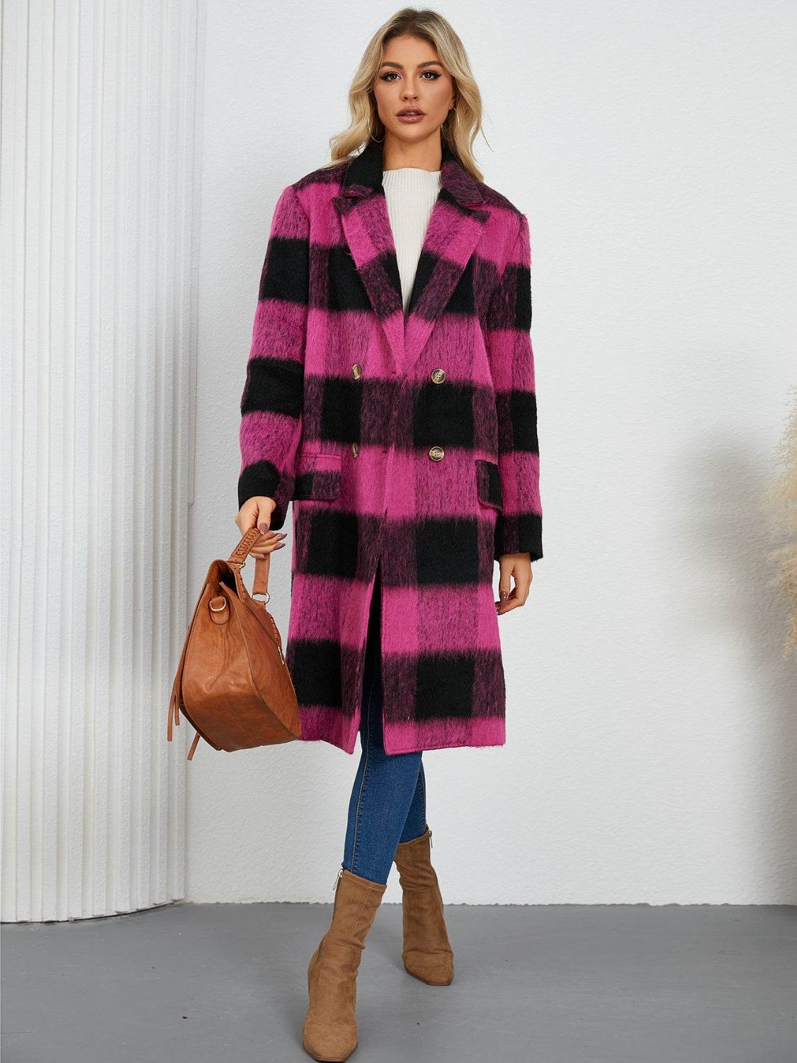 Plaid Double-Breasted Long Sleeve Coat - Amexza