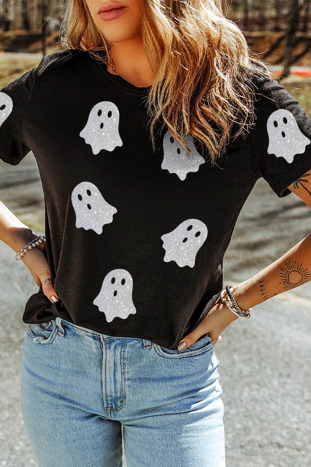 Glitter Ghost Round Neck Short Sleeve T-Shirt - Amexza