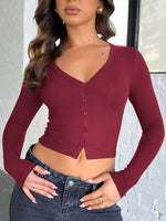 Buttoned V-Neck Long Sleeve T-Shirt - Amexza