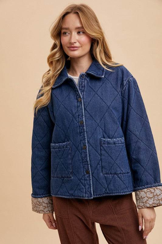 Annie Wear Quilted Printed Lining Snap Down Denim Jacket - Amexza