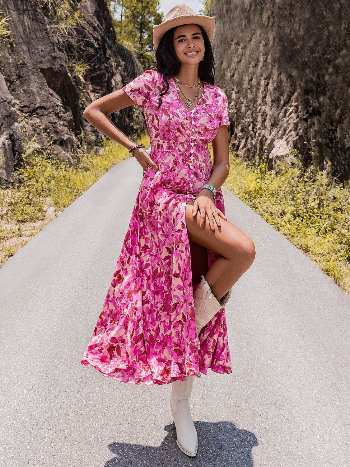 Floral V-Neck Slit Dress - Amexza