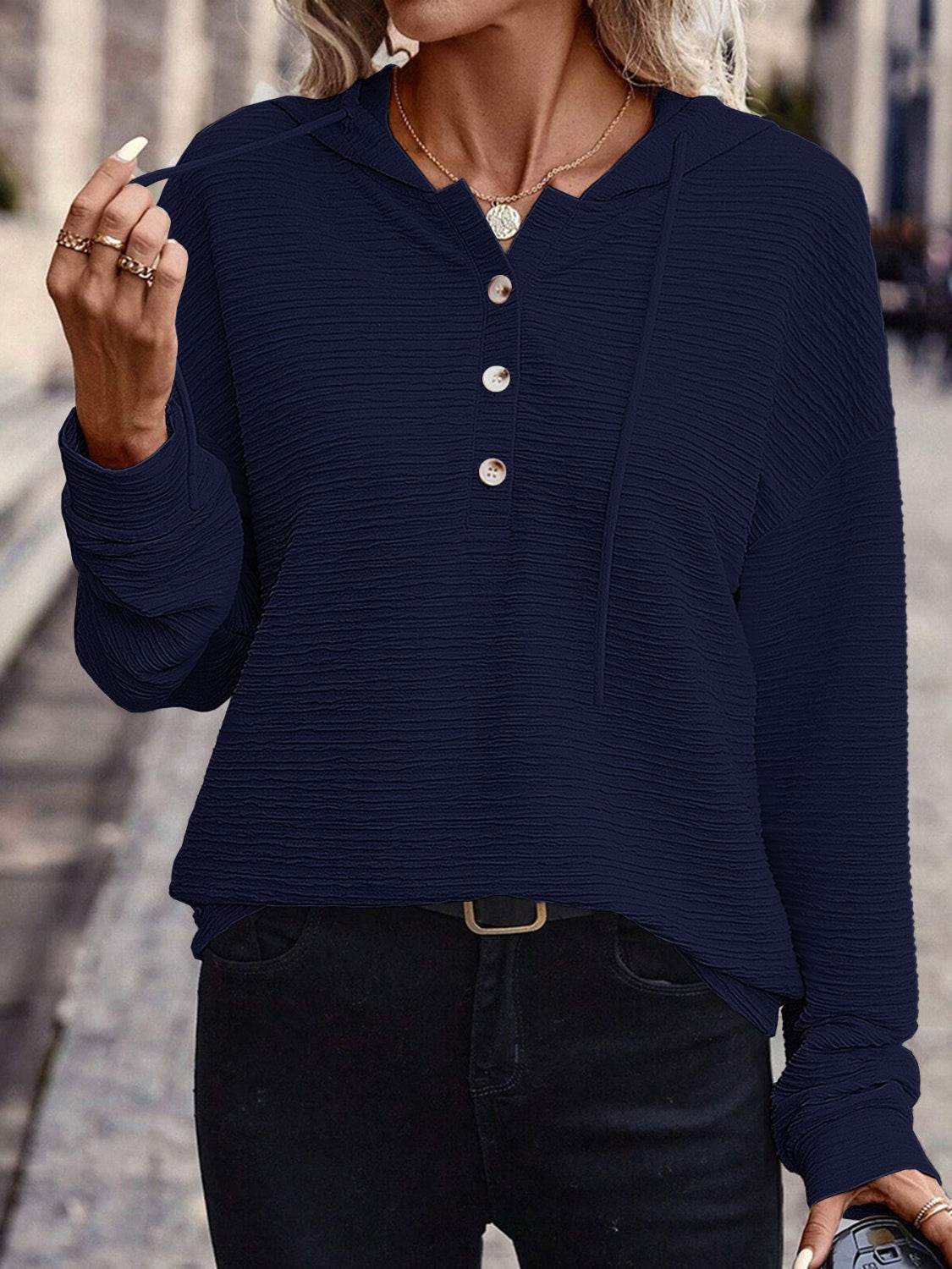 Drawstring Quarter Button Long Sleeve Hoodie Dark Navy for a perfect OOTD – dress to impress outfits from Amexza