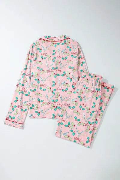 Printed Collared Neck Long Sleeve Top and Pants Lounge Set for a perfect OOTD – dress to impress outfits from Amexza