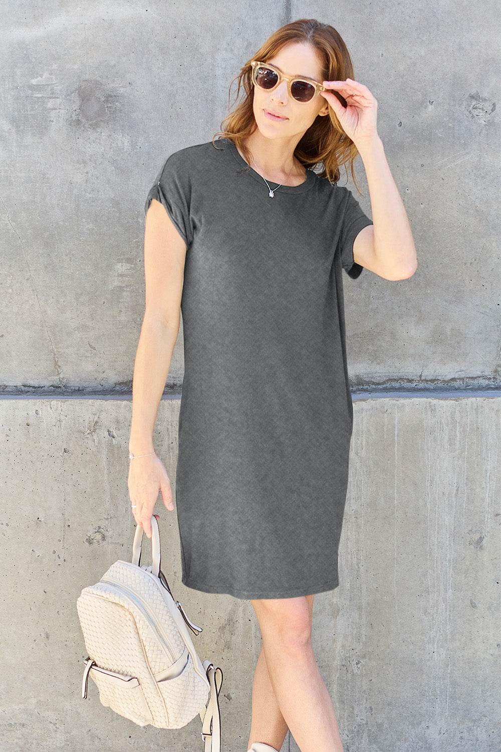 Basic Bae Full Size Round Neck Short Sleeve Dress with Pockets - Amexza