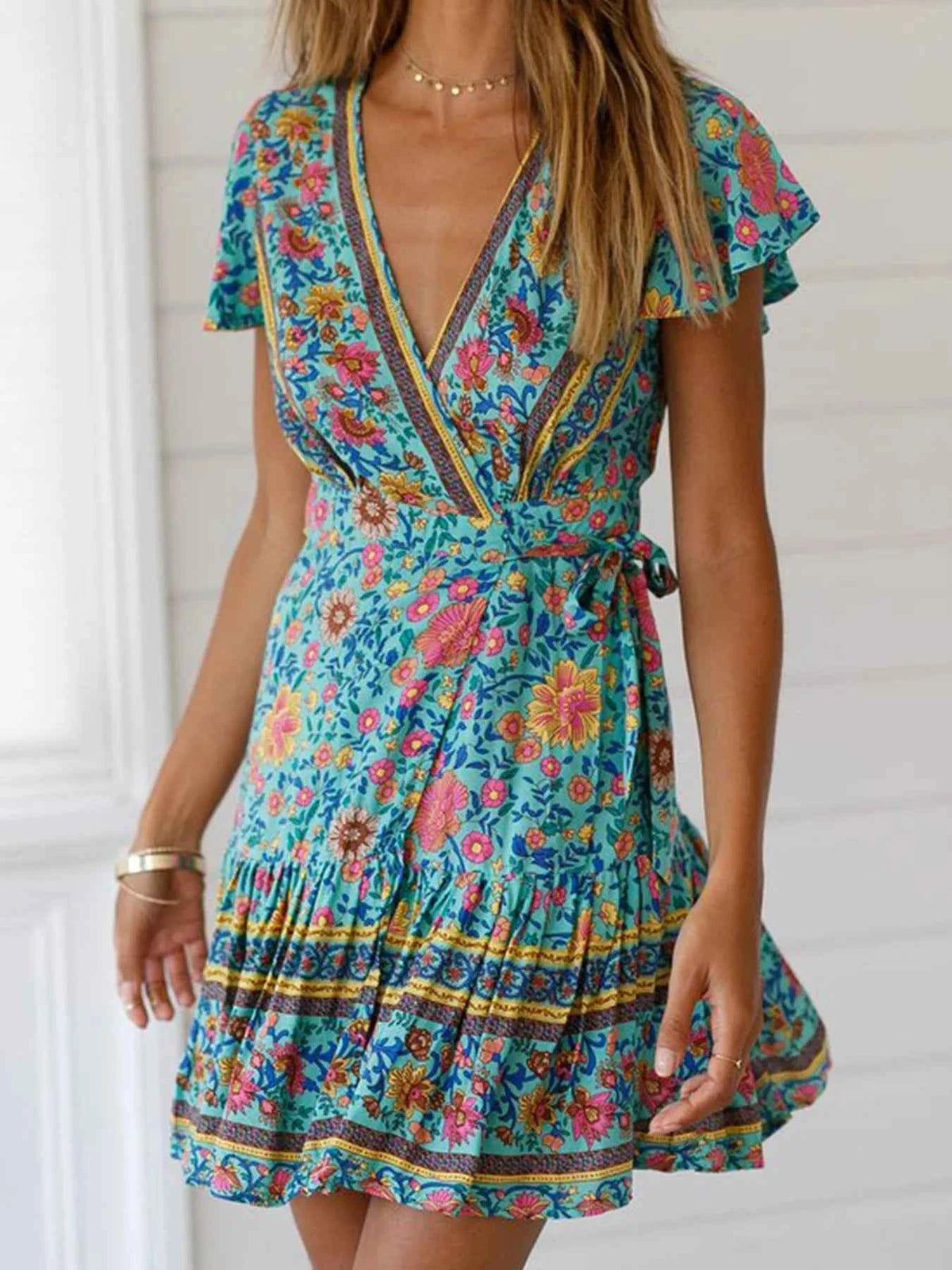 Surplice Flutter Sleeve Mini Dress