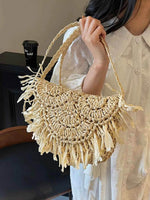 Straw Braided Fringe Shoulder Bag Beige One Size for a perfect OOTD – dress to impress outfits from Amexza