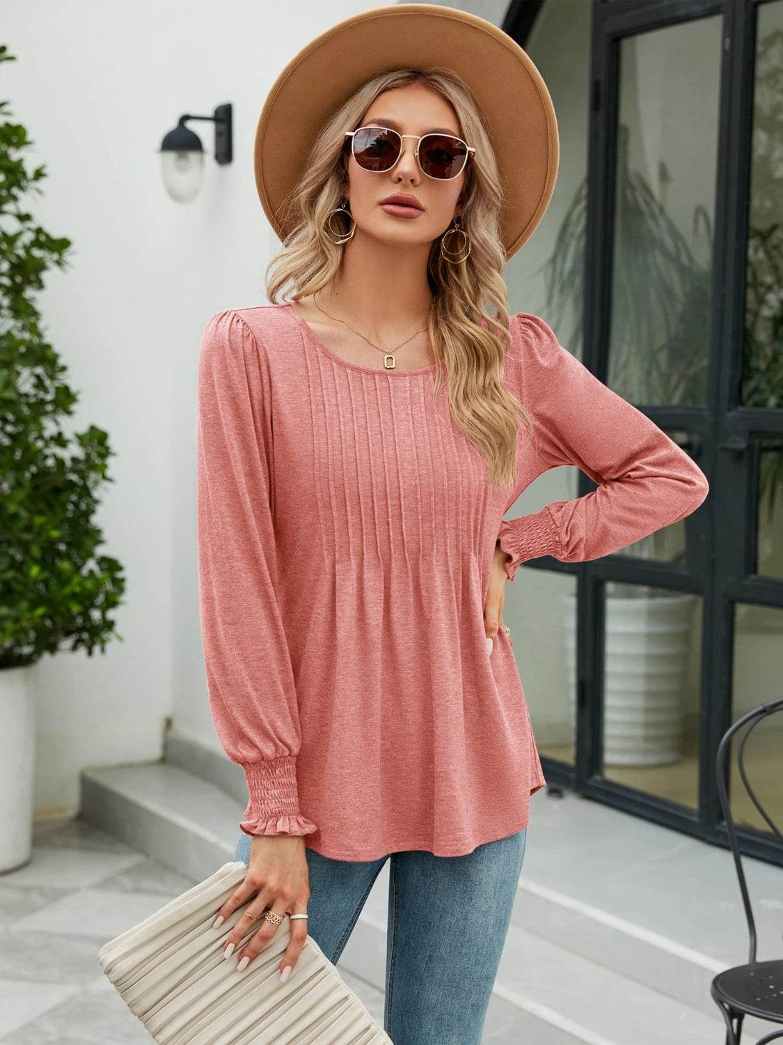 Smocked Round Neck Lantern Sleeve Blouse - Amexza