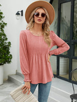 Smocked Round Neck Lantern Sleeve Blouse - Amexza
