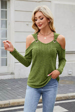 Ribbed Cold Shoulder Long Sleeve Top - Amexza