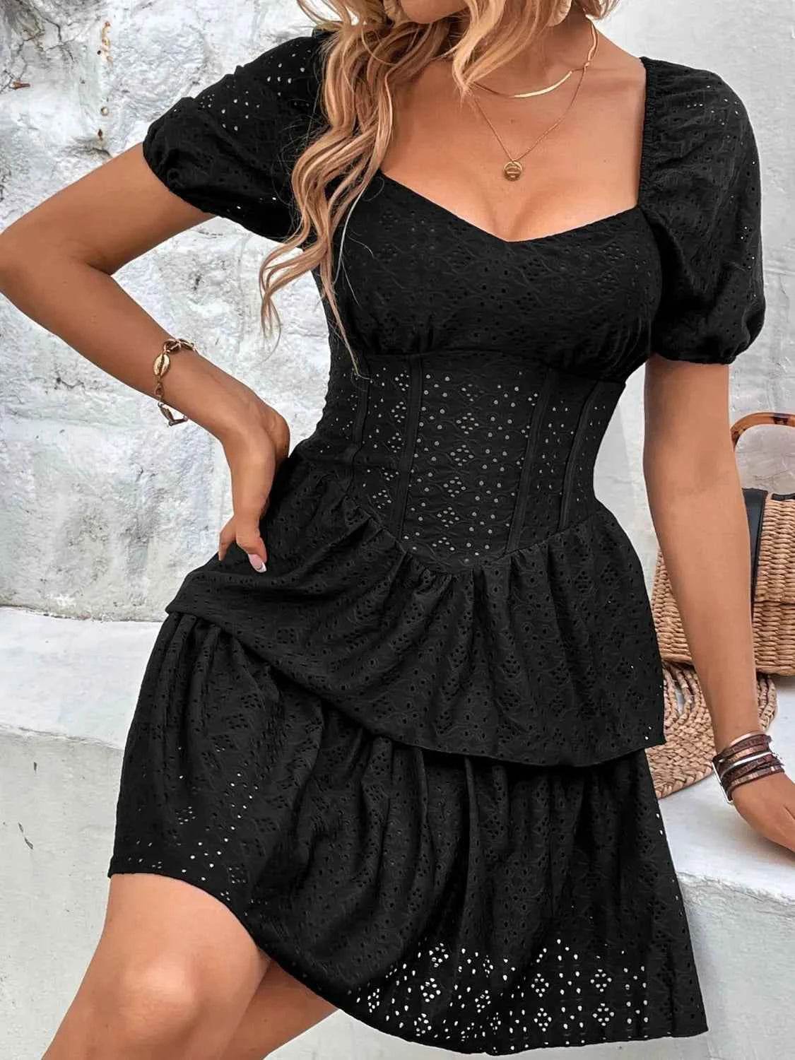 Layered Eyelet Short Sleeve Mini Dress for a perfect OOTD – dress to impress outfits from Amexza