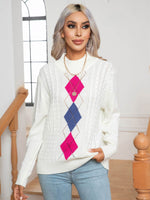 Openwork Geometric Mock Neck Sweater White for a perfect OOTD – dress to impress outfits from Amexza