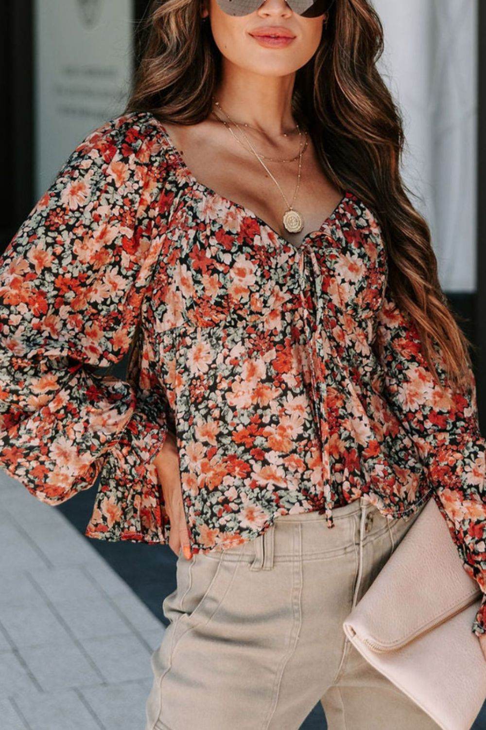 Peplum Tied Flora Long Sleeve Blouse - Amexza