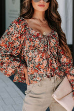 Peplum Tied Flora Long Sleeve Blouse - Amexza