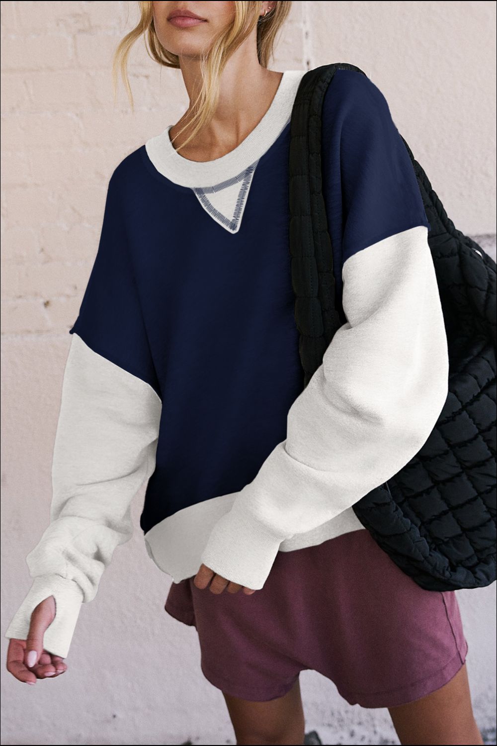 Color Block Round Neck Long Sleeve Sweatshirt Dark Navy for a perfect OOTD – dress to impress outfits from Amexza