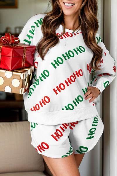 Letter Print Round Neck Long Sleeve Top and Shorts Set White for a perfect OOTD – dress to impress outfits from Amexza