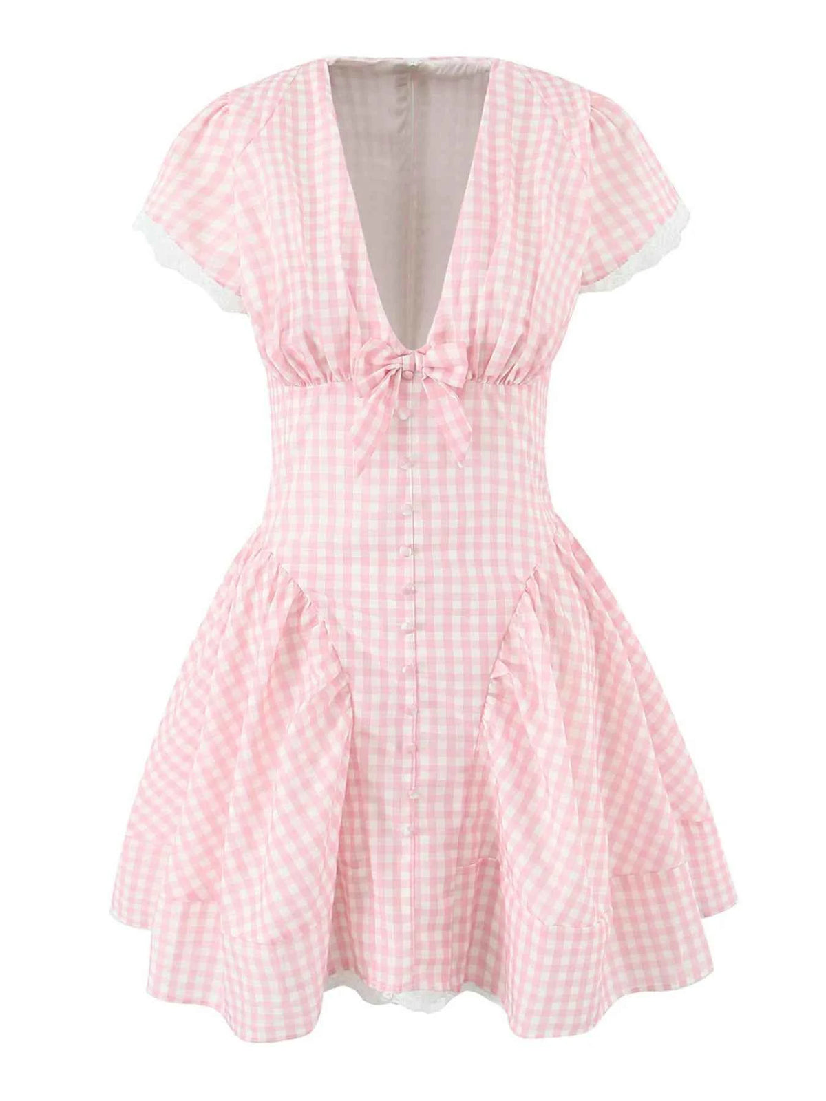Gingham Ruffle Mini Dress with Lace Trim