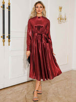 Tie Waist Long Sleeve Midi Dress - Amexza