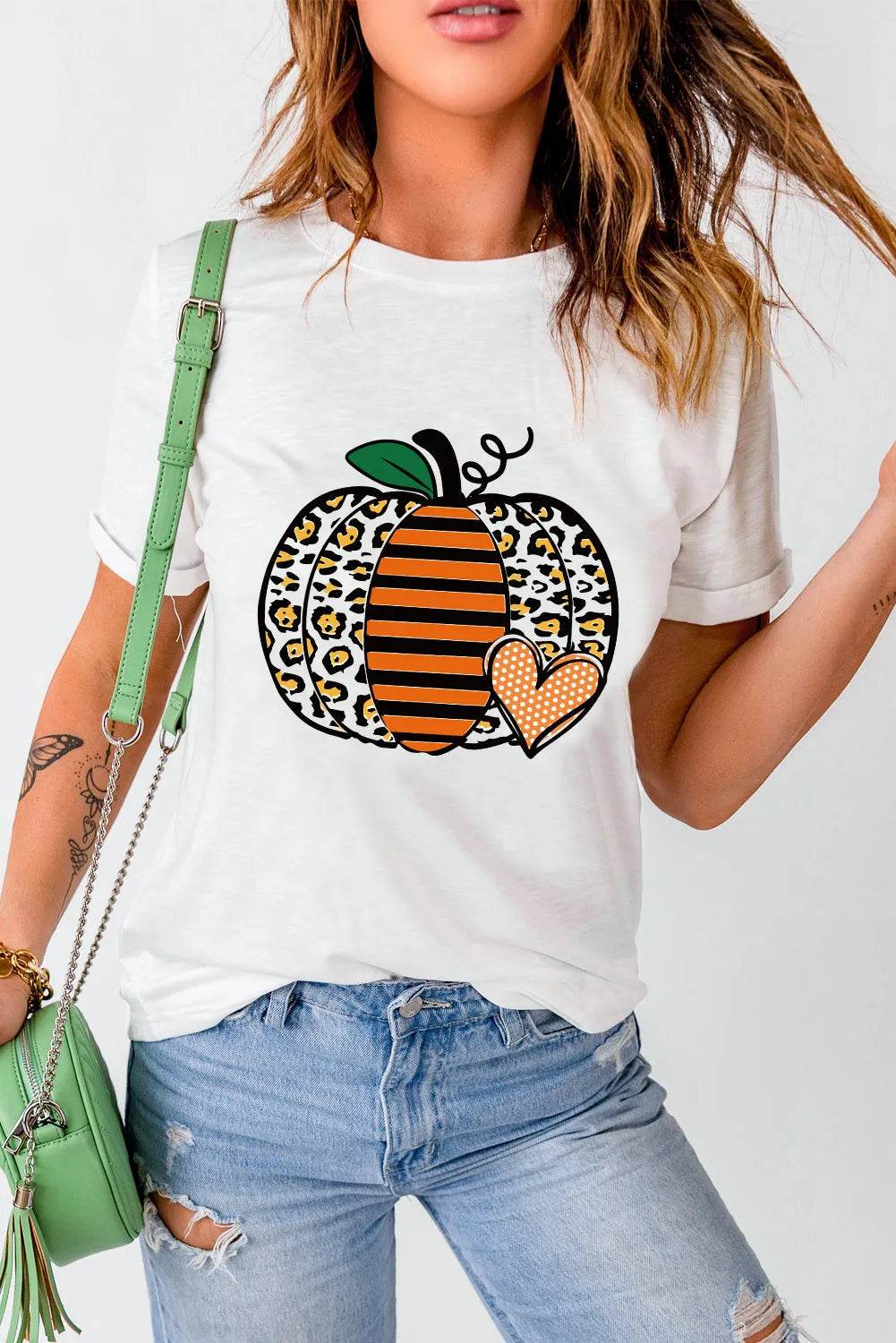 Pumpkin Graphic Round Neck Short Sleeve T-Shirt - Amexza