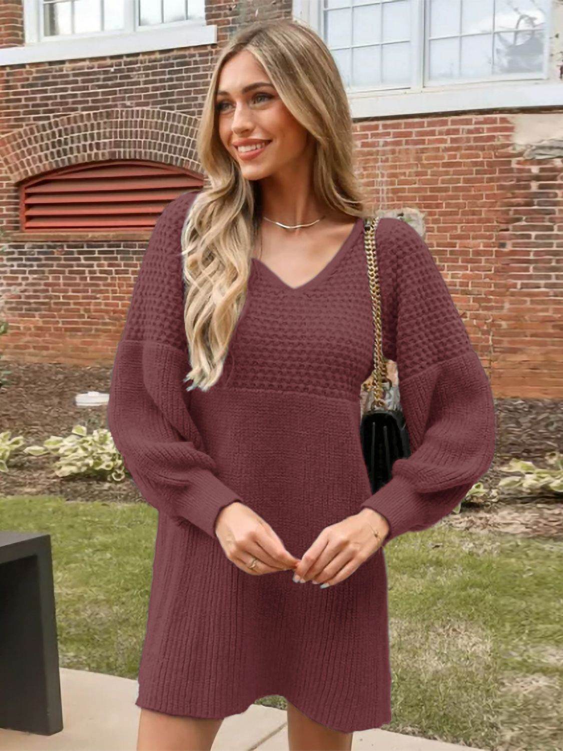 Perfee V-Neck Long Sleeve Sweater Dress for a perfect OOTD – dress to impress outfits from Amexza