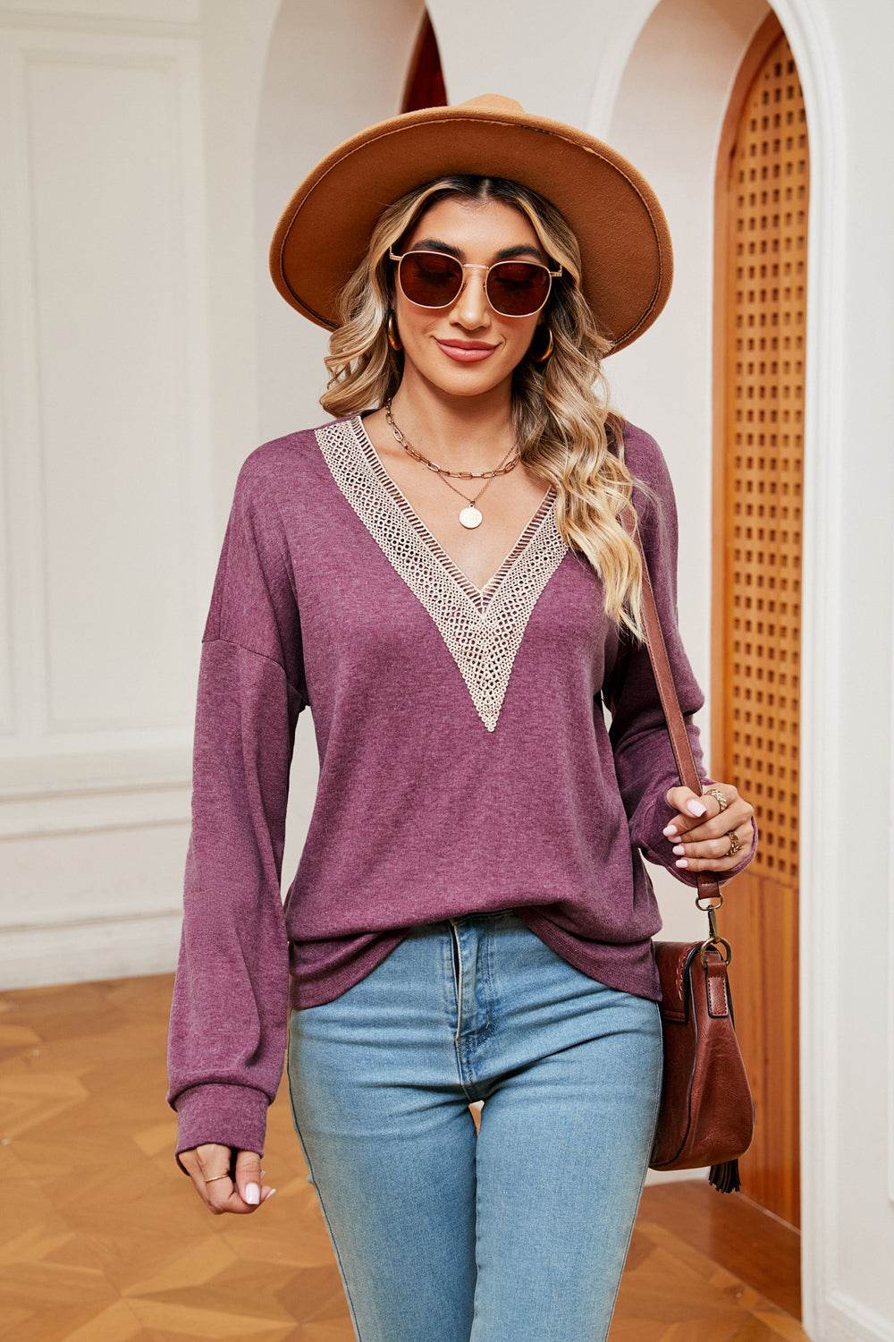 Contrast V-Neck Long Sleeve Blouse - Amexza