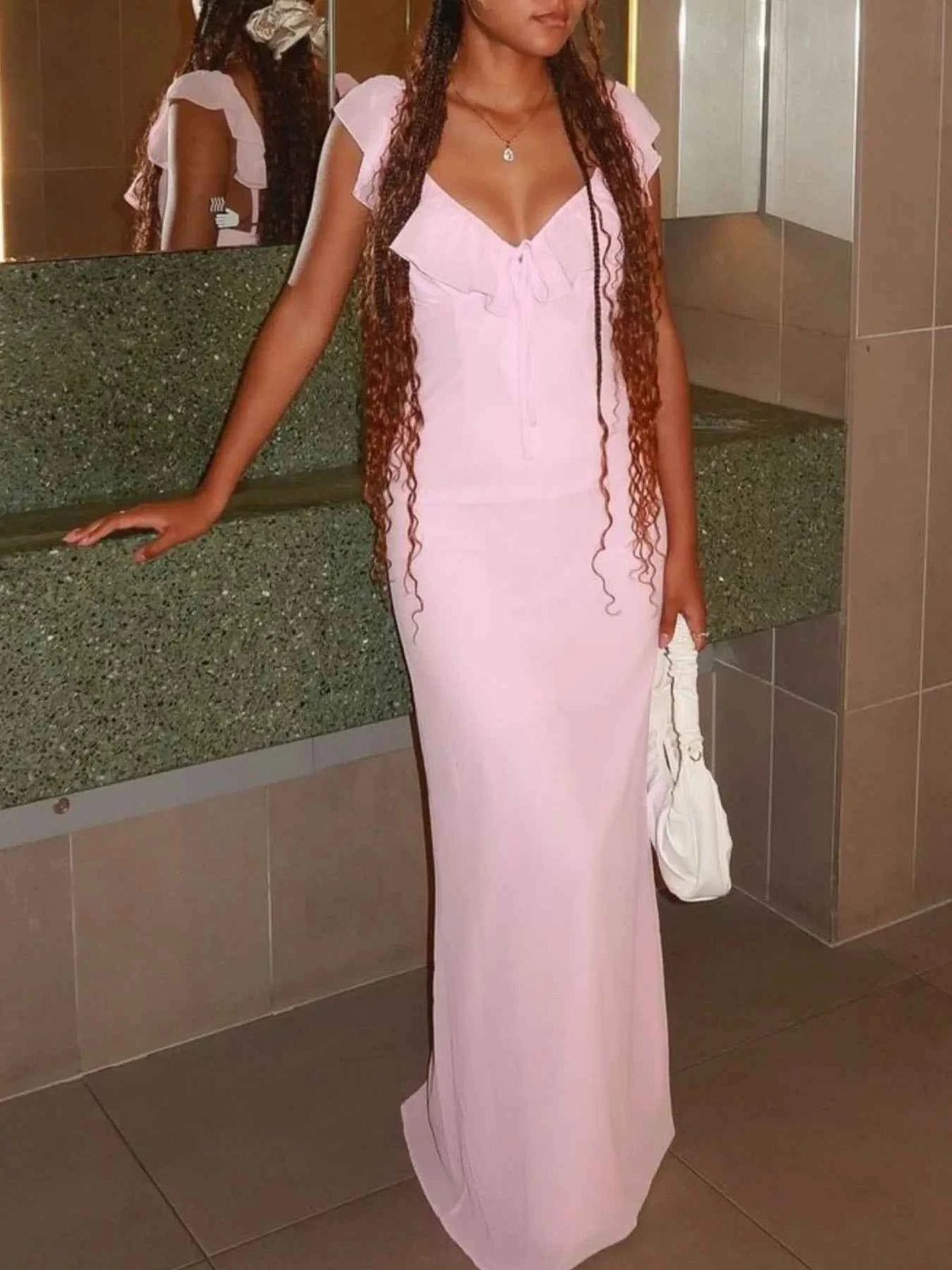 Ruffled V-Neck Sleeveless Maxi Dress