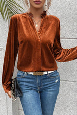 Notched Frill Detail Long Sleeve Blouse - Amexza