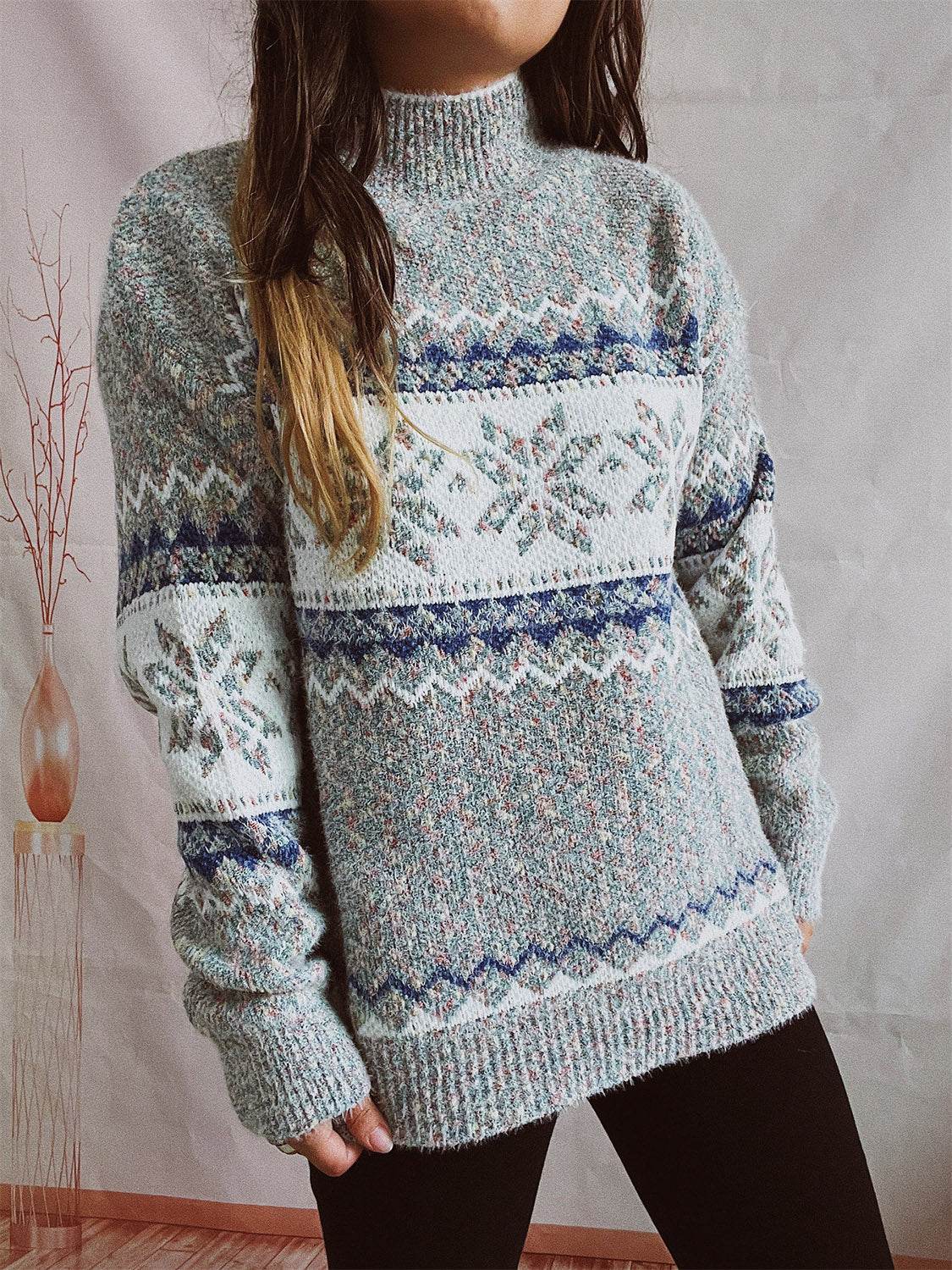 Geometric Mock Neck Dropped Shoulder Sweater for a perfect OOTD – dress to impress outfits from Amexza