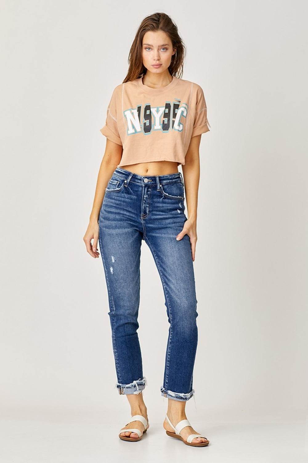 Risen Full Size High-Rise Frayed Cuffed Straight Jeans - Amexza