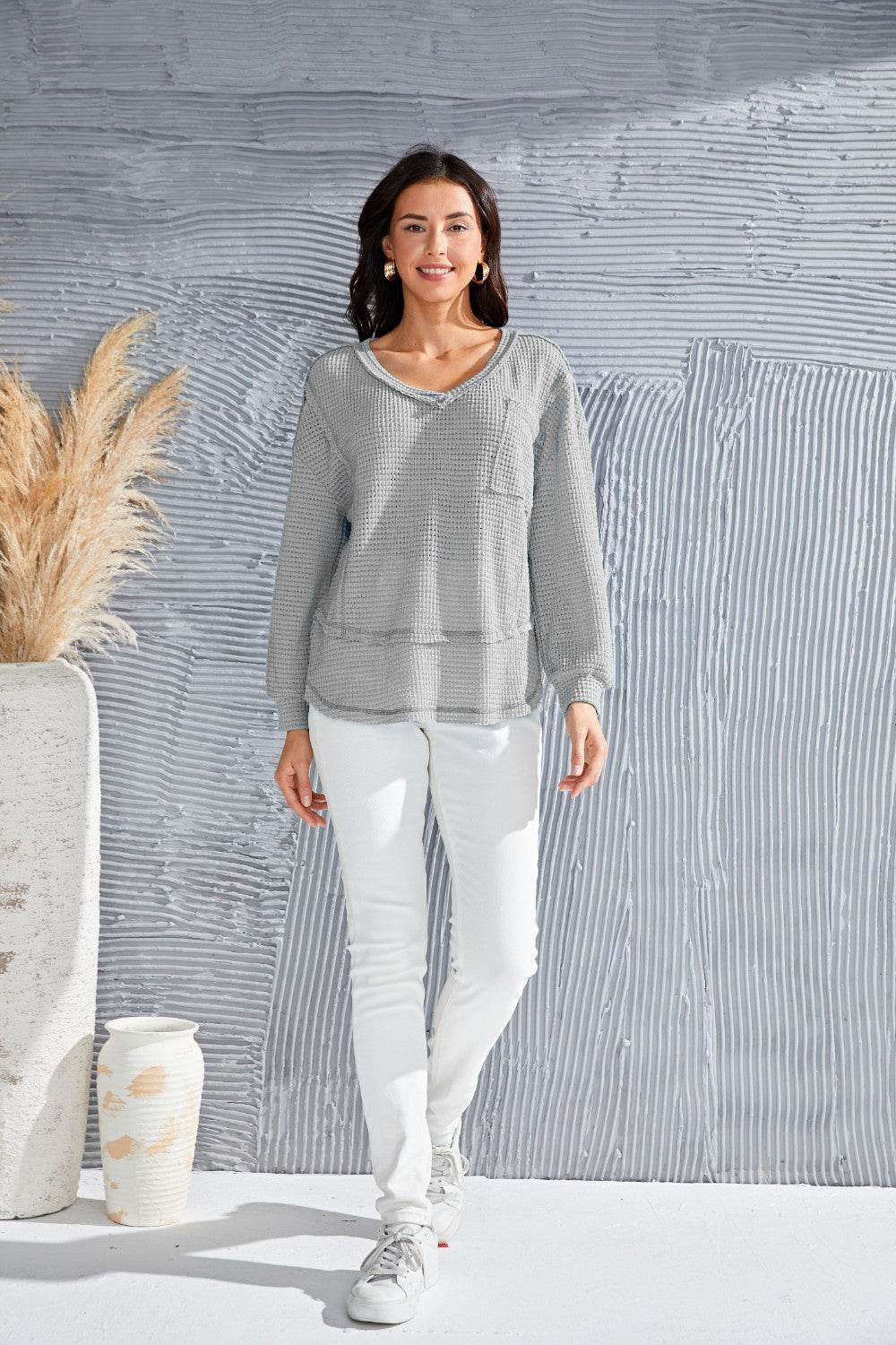 Waffle-Knit V-Neck Blouse with Breast Pocket - Amexza