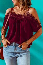 Spaghetti Strap Cold-Shoulder Lace Trim Blouse - Amexza