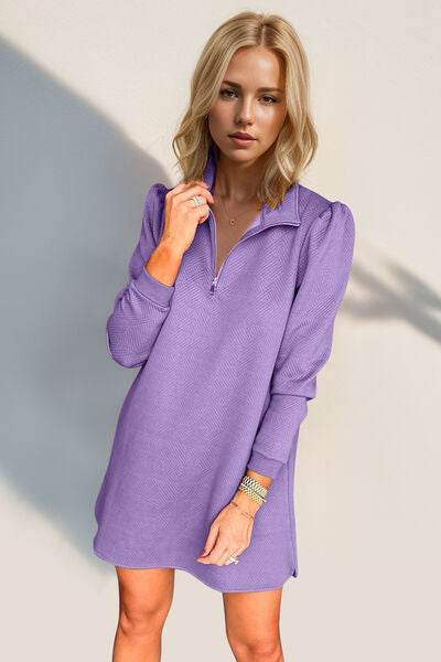 Double Take Textured Quarter Zip Long Sleeve Dress Lavender for a perfect OOTD – dress to impress outfits from Amexza