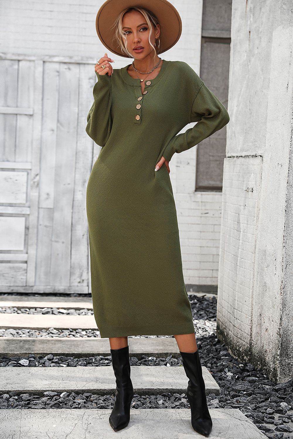 Decorative Button Notched Dropped Shoulder Sweater Dress Army Green for a perfect OOTD – dress to impress outfits from Amexza