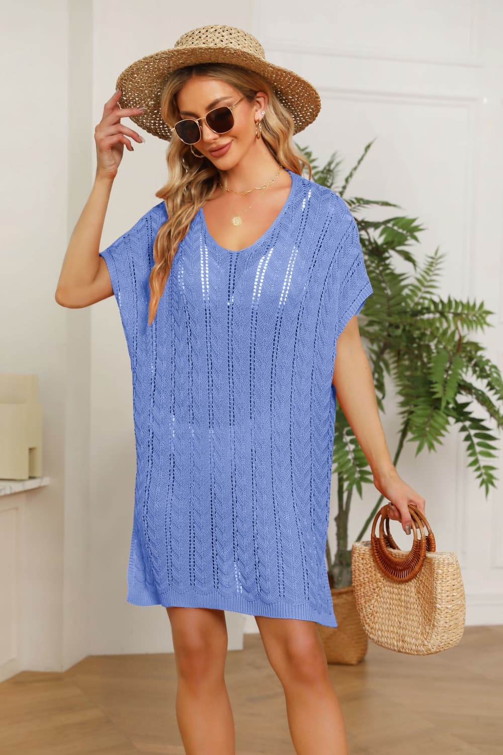 Openwork Side Slit Knit Dress Blue One Size for a perfect OOTD – dress to impress outfits from Amexza