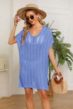 Openwork Side Slit Knit Dress Blue One Size for a perfect OOTD – dress to impress outfits from Amexza