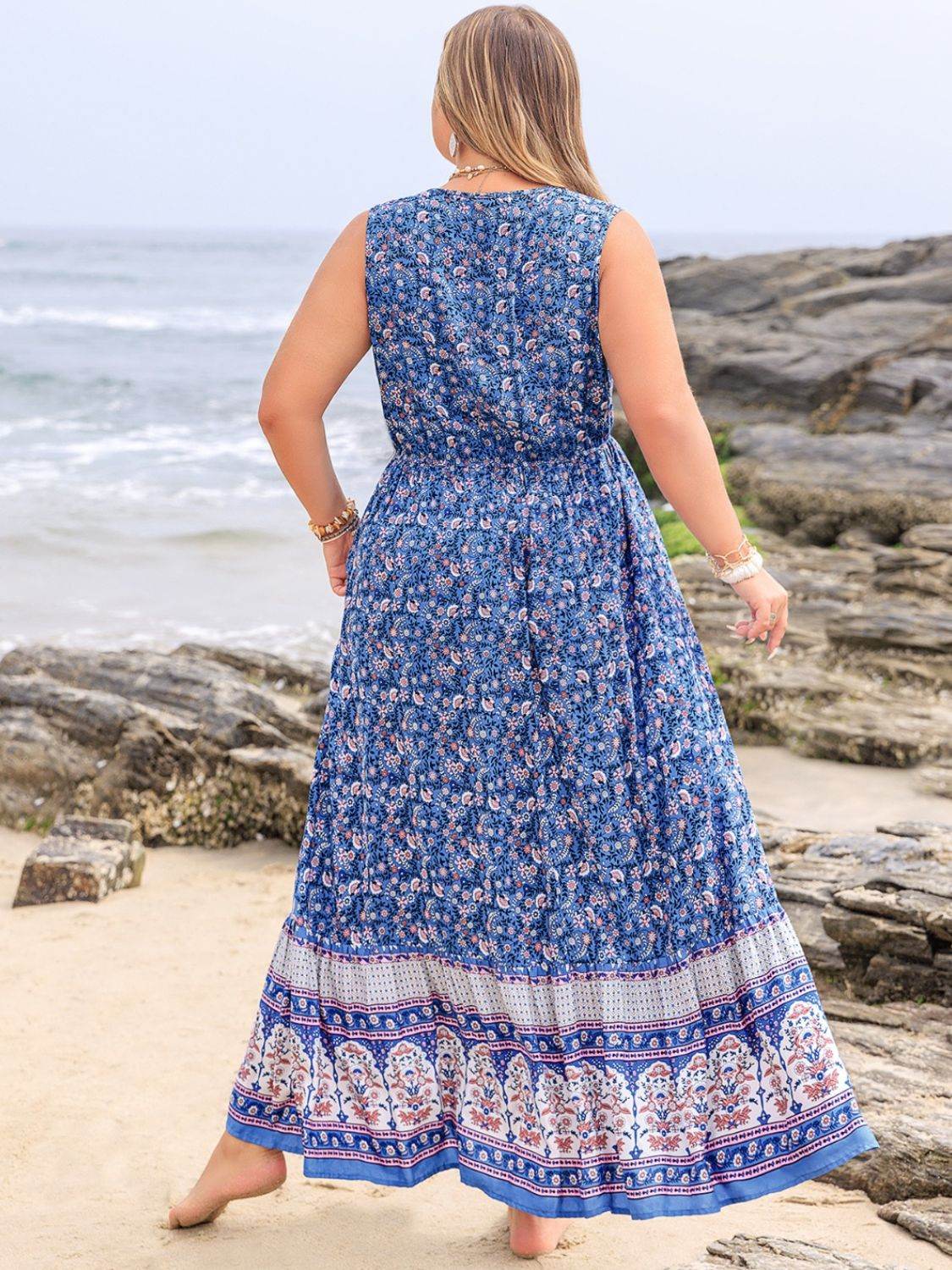 Plus Size Tied Printed Sleeveless Maxi Dress - Amexza