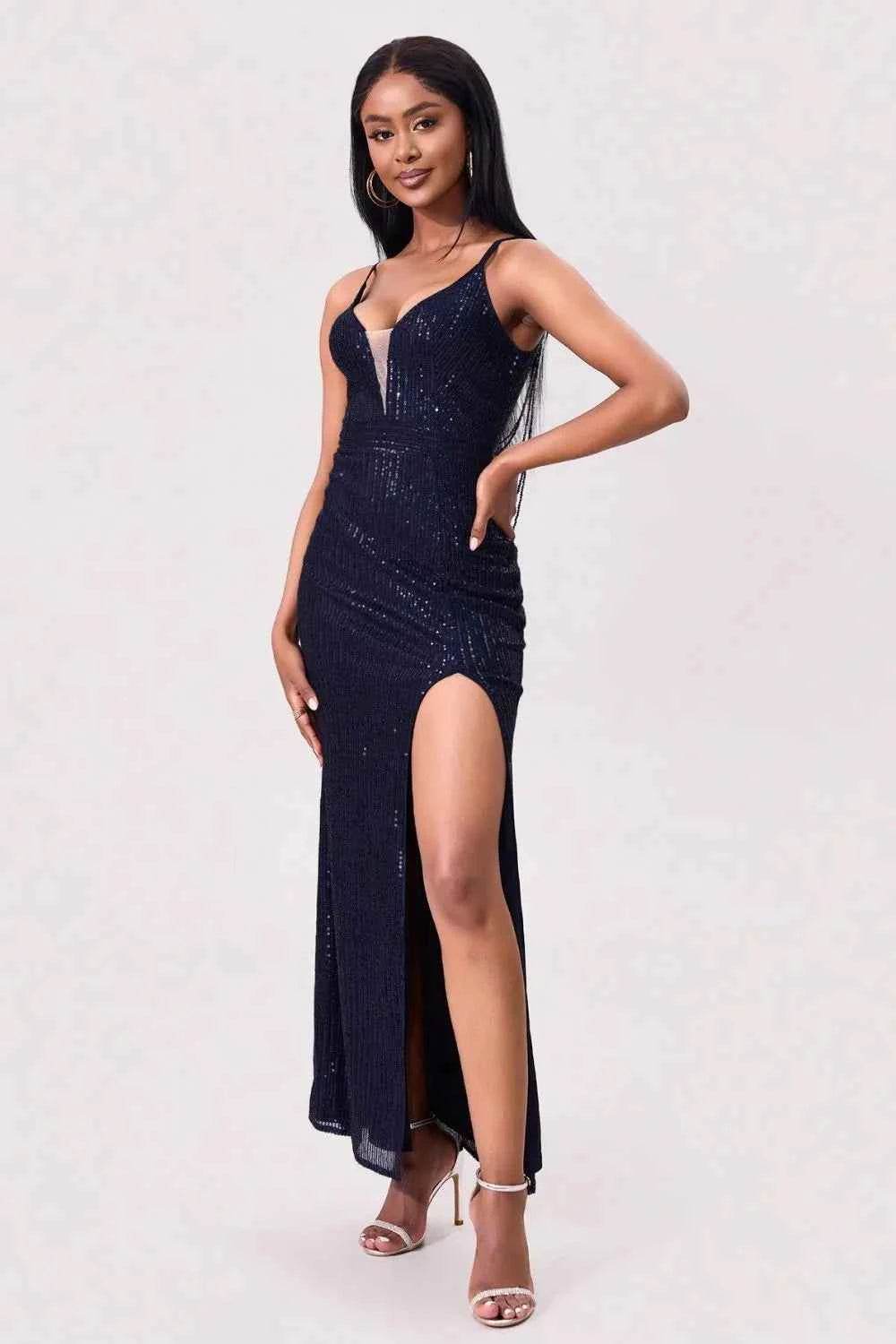 Split Sequin Backless Maxi Cami Dress Navy for a perfect OOTD – dress to impress outfits from Amexza