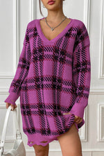 Plaid V-Neck Long Sleeve Sweater Dress for a perfect OOTD – dress to impress outfits from Amexza
