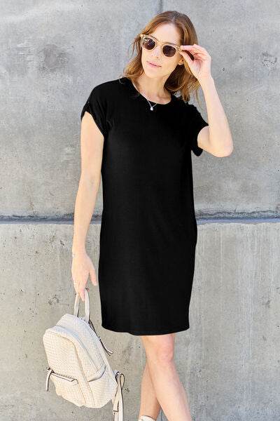 Basic Bae Bamboo Full Size Round Neck Short Sleeve Dress with Pockets Black for a perfect OOTD – dress to impress outfits from Amexza