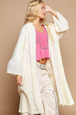 POL Flower Lace Trim Open Front Longline Cardigan - Amexza