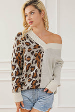 Leopard V Neck Drop Shoulder Sweater for a perfect OOTD – dress to impress outfits from Amexza