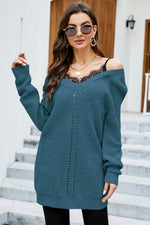 Openwork V-Neck Long Sleeve Sweater Deep Teal for a perfect OOTD – dress to impress outfits from Amexza