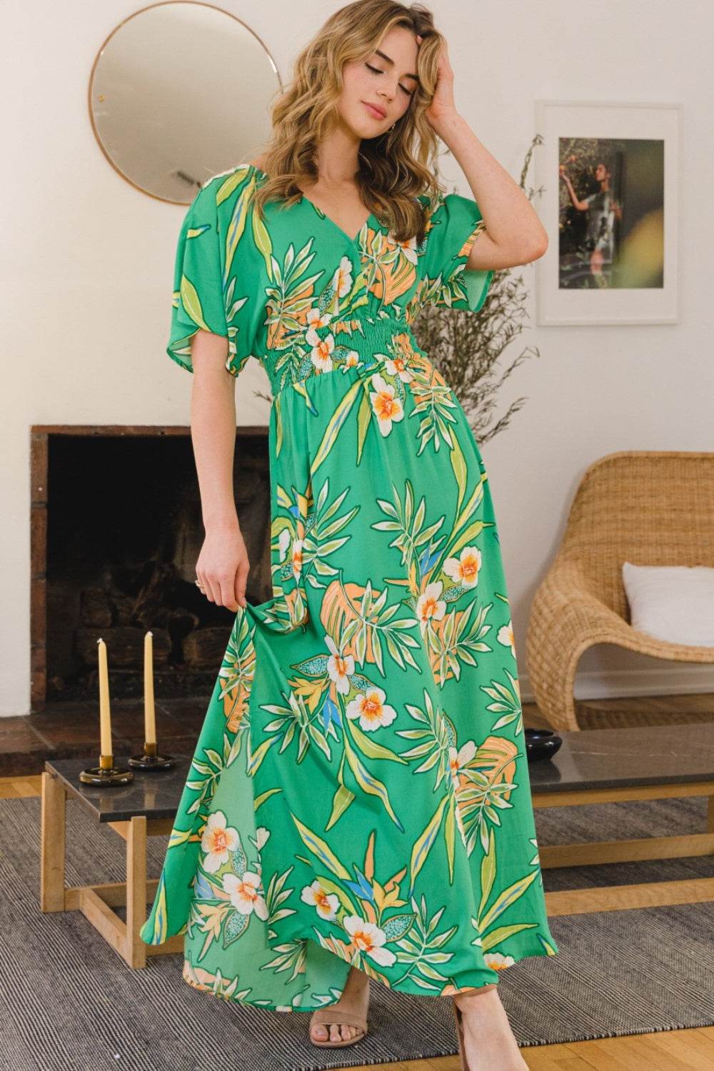 ODDI Full Size Floral Smocked Tied Back Maxi Dress - Amexza