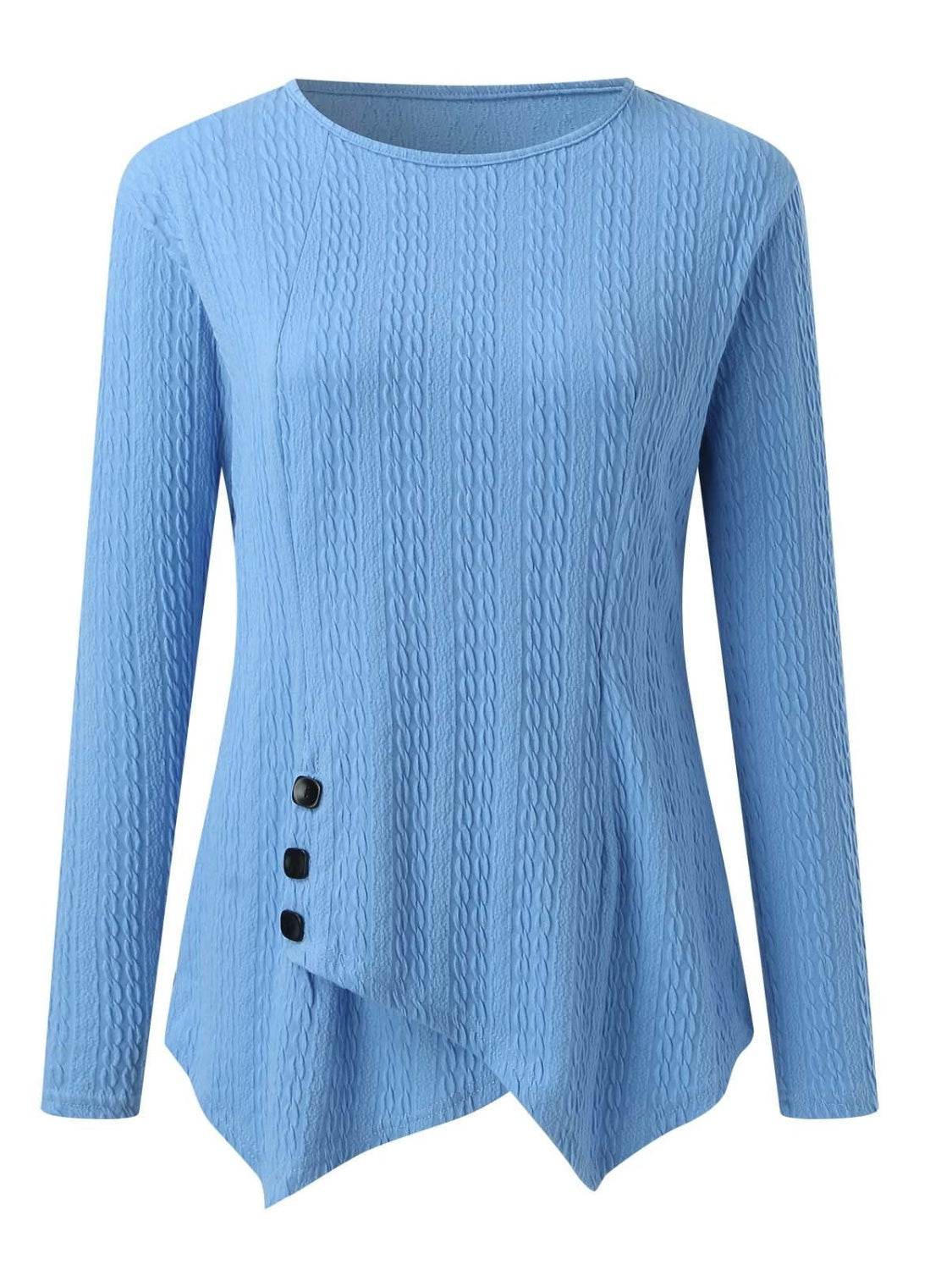 Decorative Button Round Neck Long Sleeve Top - Amexza