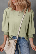 Textured Round Neck Three-Quarter Sleeve Blouse - Amexza
