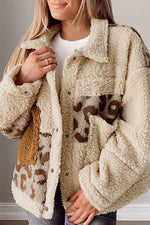 Pocketed Leopard Collared Neck Sherpa Jacket - Amexza