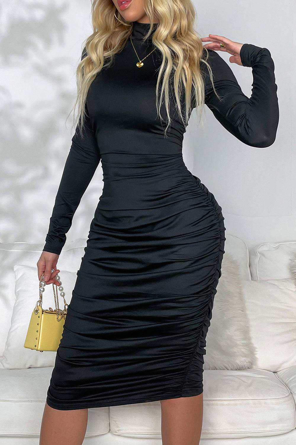 Ruched Mock Neck Long Sleeve Dress Black for a perfect OOTD – dress to impress outfits from Amexza